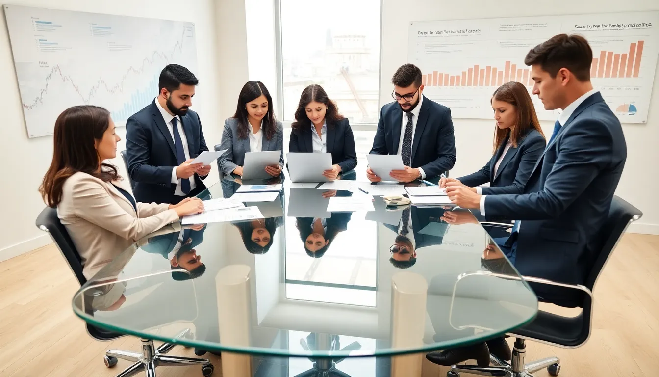 financial professionals discussing tax optimization in a modern office.