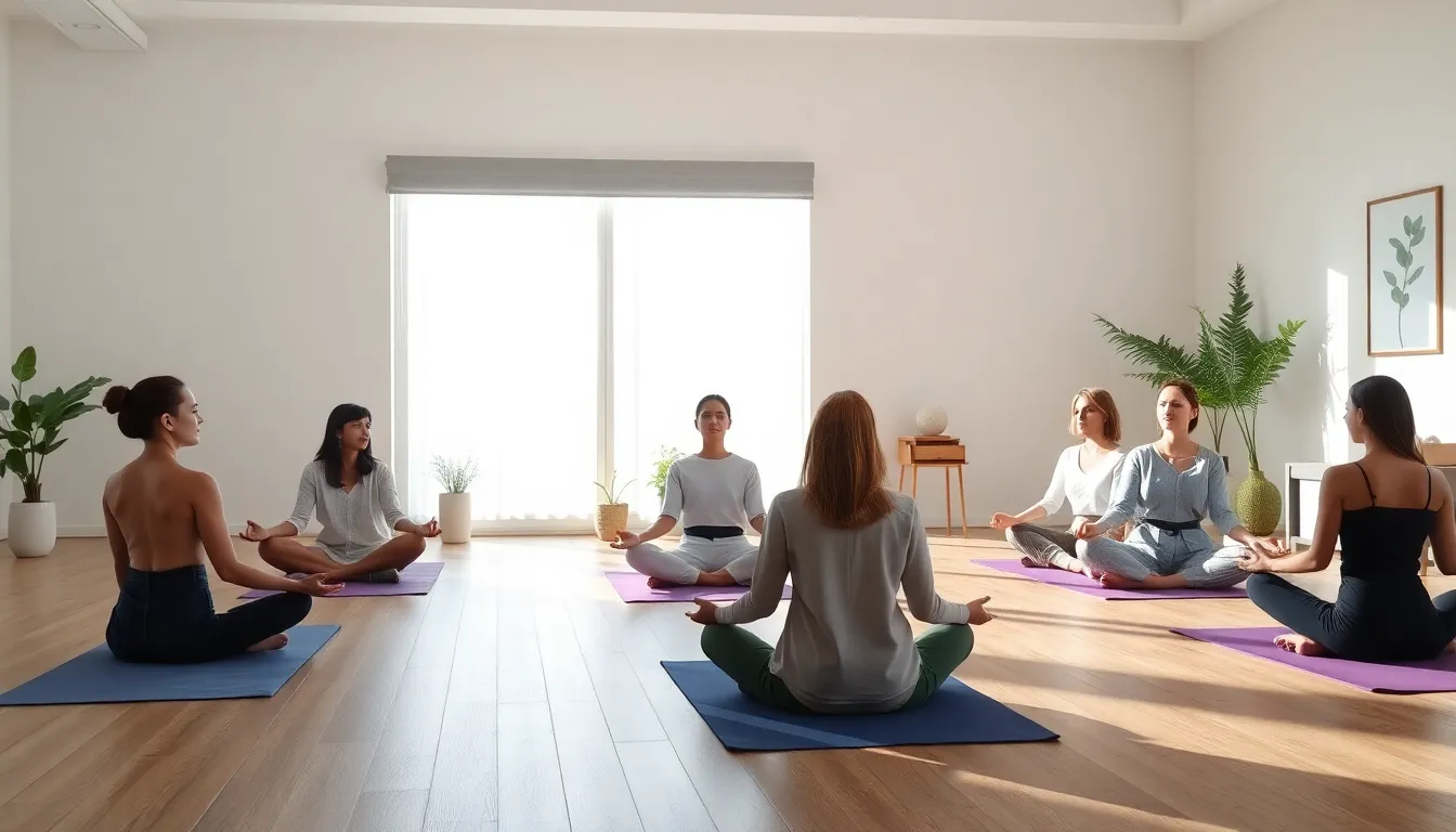 diverse group meditating in a peaceful indoor setting.