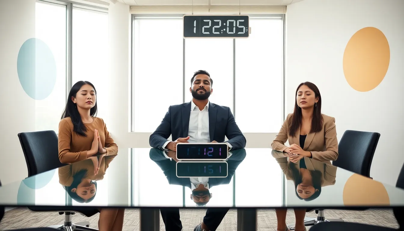 diverse team practicing mindfulness in a modern office.