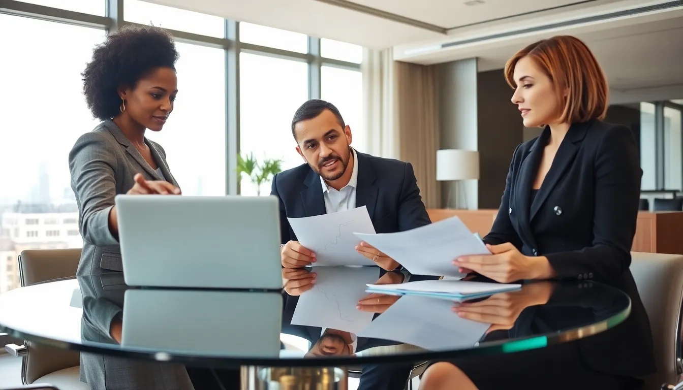 diverse group discussing financial strategies in a modern office.