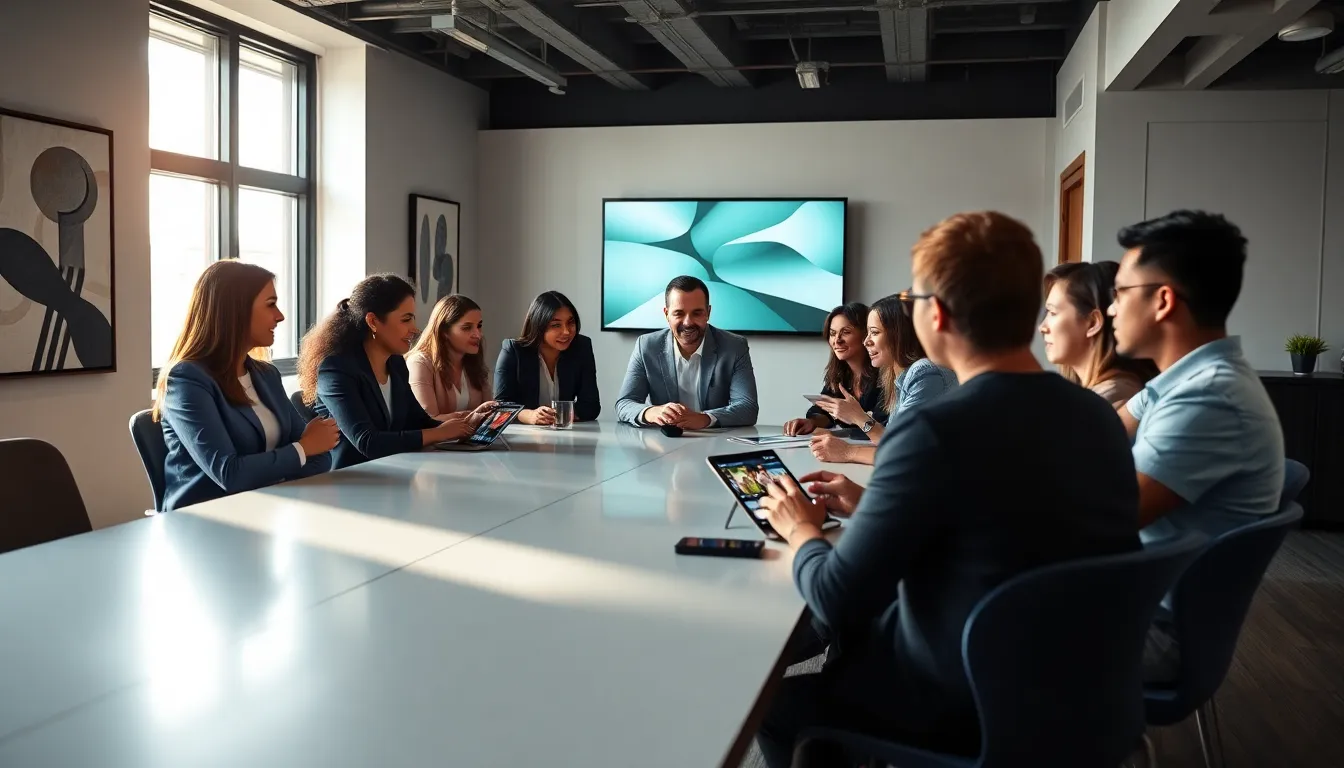 diverse professionals discussing MasterClass courses in a modern office.