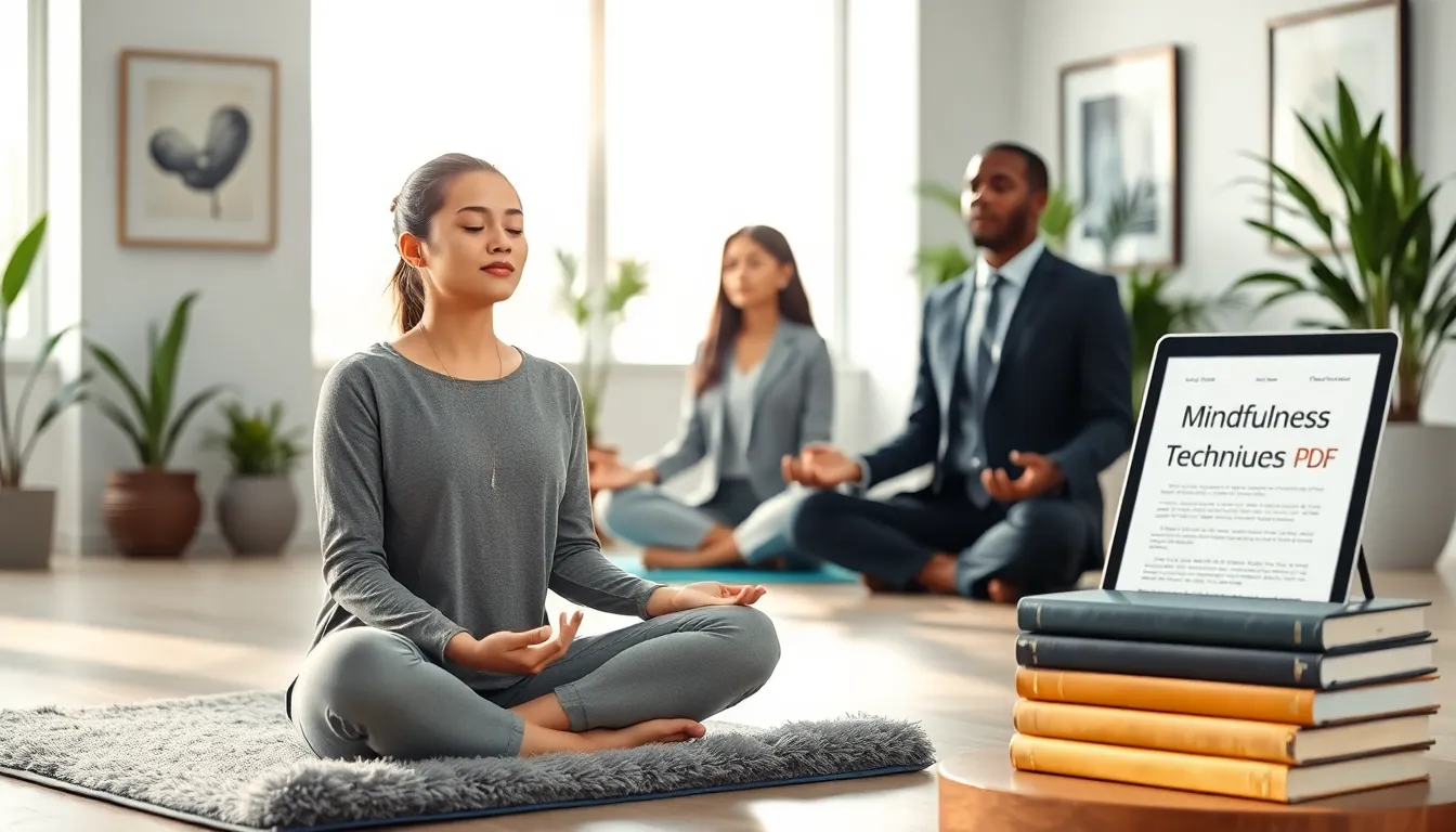 professionals practicing mindfulness in a modern indoor setting.
