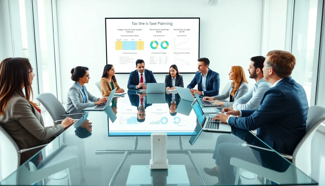 professionals discussing tax planning in a modern office setting.