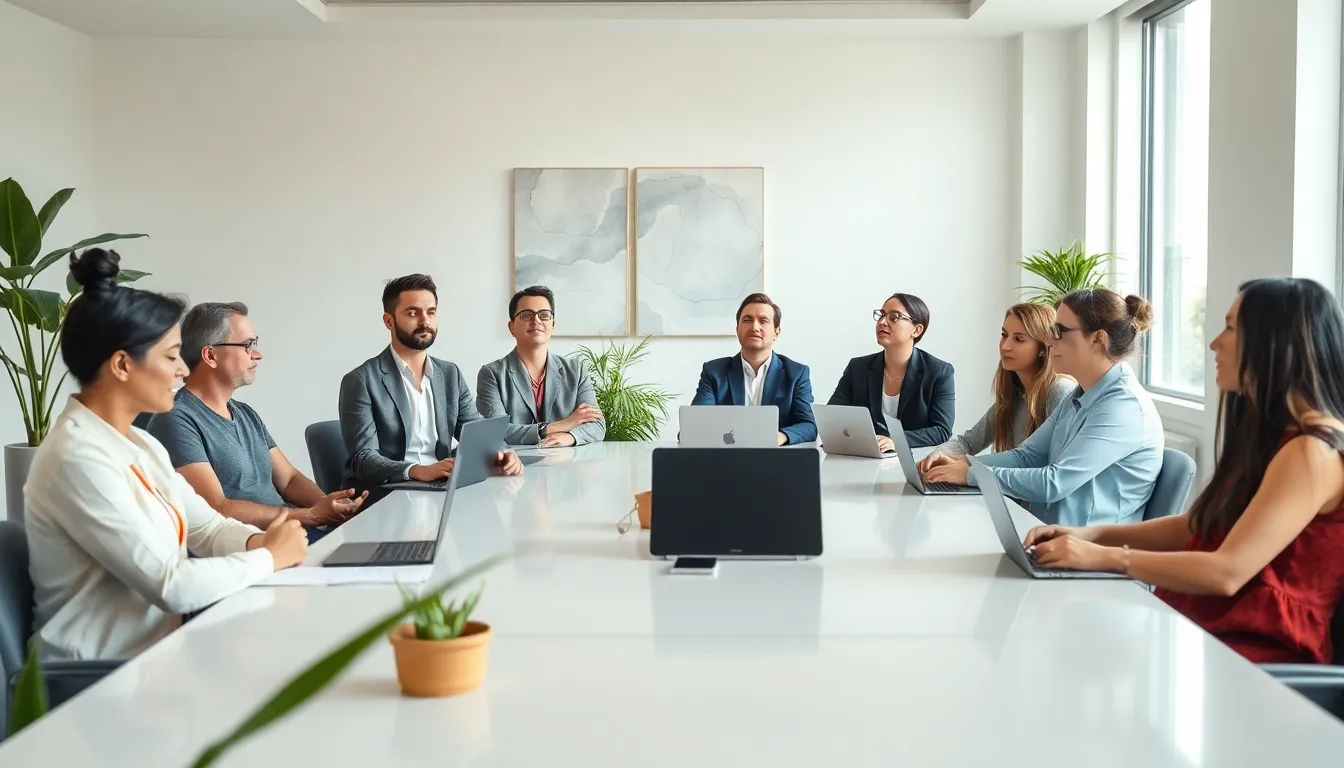 diverse team practicing mindfulness in a modern office setting.