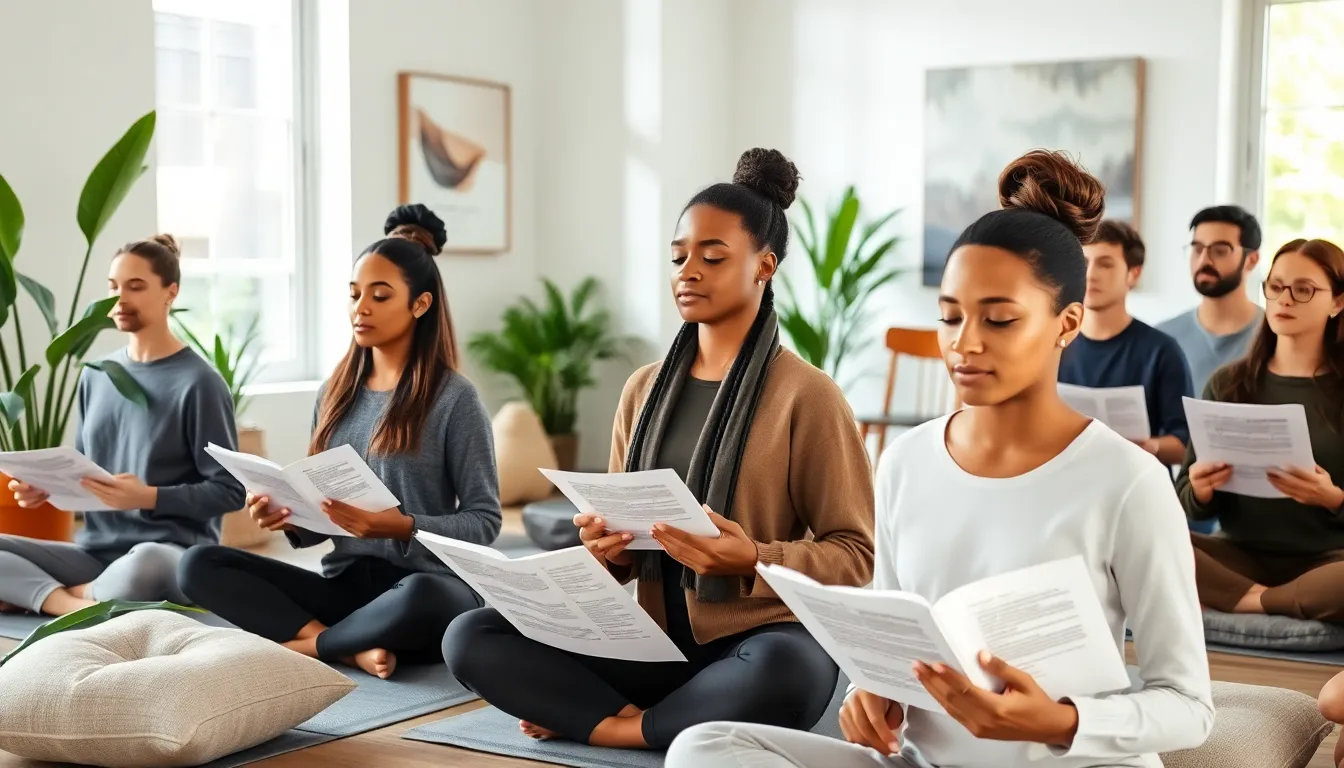 diverse group meditating with scripts in a calming modern space.